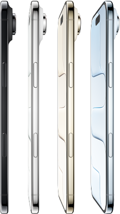 جهاز iPhone&nbsp;Air، الجزء الجانبي الخارجي، الألوان الأربعة كلها: أزرق سماوي، وذهبي فاتح، وأبيض سحابي، وأسود فلكي، تصميم نحيف للغاية، نظام كاميرا Fusion، الأزرار: الزر الجانبي، وزر التحكم في الكاميرا