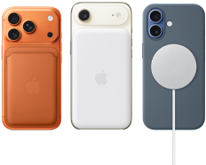 iPhone&nbsp;17&nbsp;Pro، الجزء الخلفي الخارجي، لون [O7]، مع حافظة من السيليكون بلون بنّي سيينا ومحفظة من نسيج محبوك مع MagSafe بلون برتقالي دافئ؛ iPhone&nbsp;Air، الجزء الخلفي الخارجي، لون أبيض سحابي، مع بطارية Magsafe؛ iPhone&nbsp;17، الجزء الخلفي الخارجي، لون أزرق ضبابي، مع حافظة من السيليكون بلون أزرق حديدي وشاحن MagSafe‏